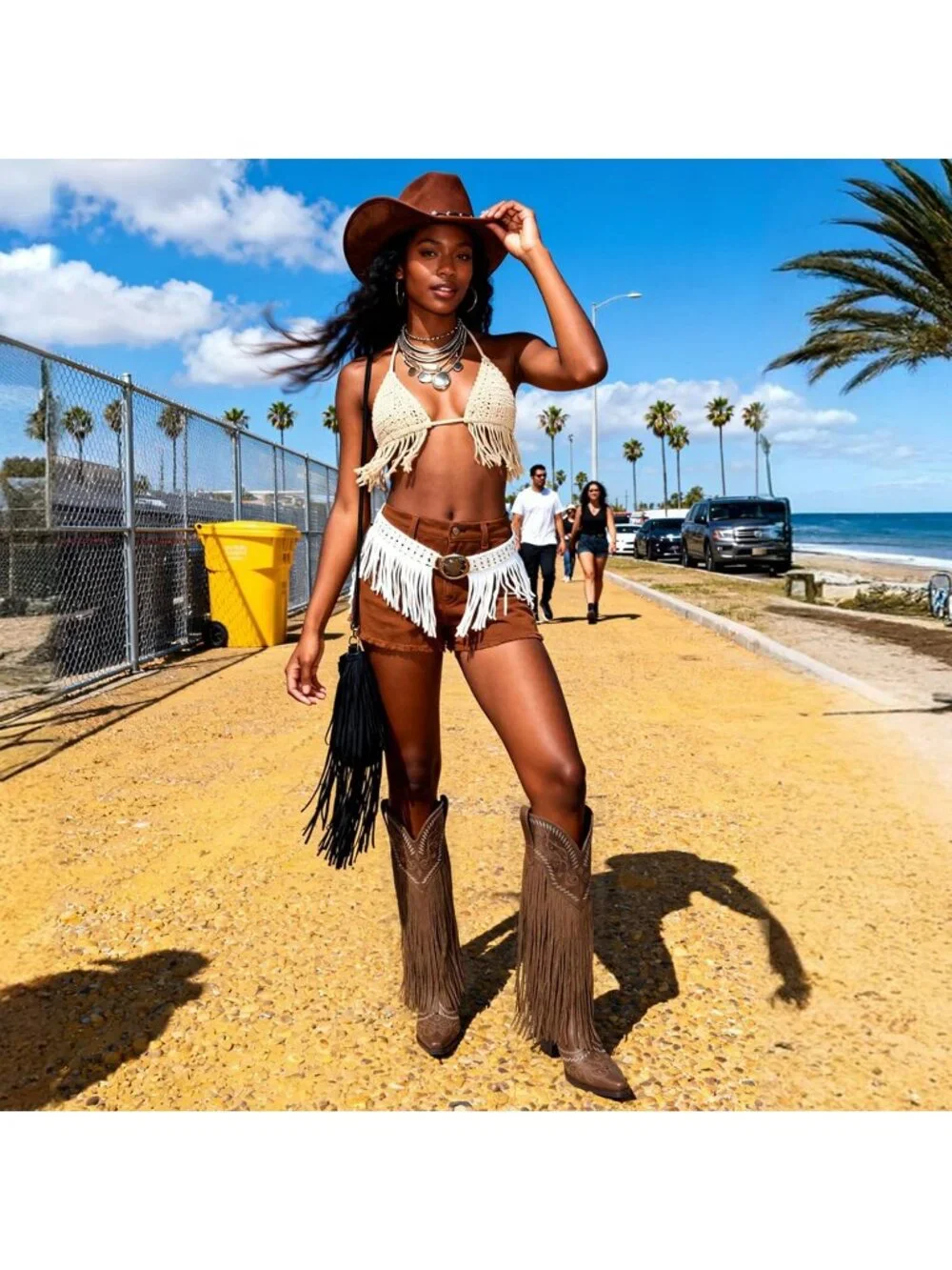 Women's Retro Brown Knee High Pointed Toe Fringe Cowboy Mid Block Heel Boots